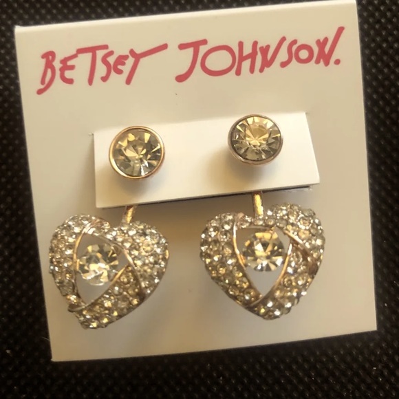 Betsey Johnson Rose Gold Tone Heart Front Back Crystal Encrusted Drop Earrings - Picture 3 of 10